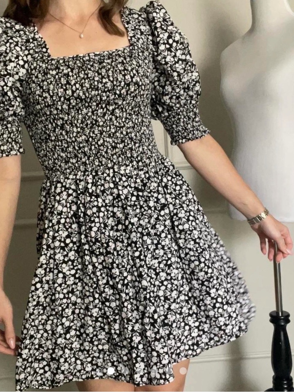 1. State Black & White Floral Puff-Sleeve Smocked Mini Dress - Picture 2 of 6